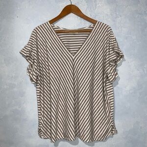 Max Studio Tan/White Diagonal Stripe V Neck Short Ruffle Sleeve Top 1X
